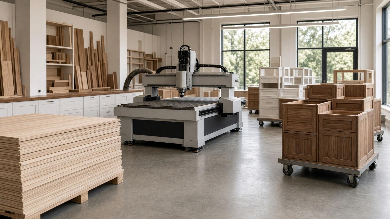 Cabinet fabrication shop with CNC router and finished boxes — custom cabinets in Cerritos, CA