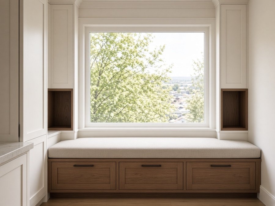 Window seat with storage drawers under a picture window — built-in cabinets & entertainment centers in Cerritos, CA
