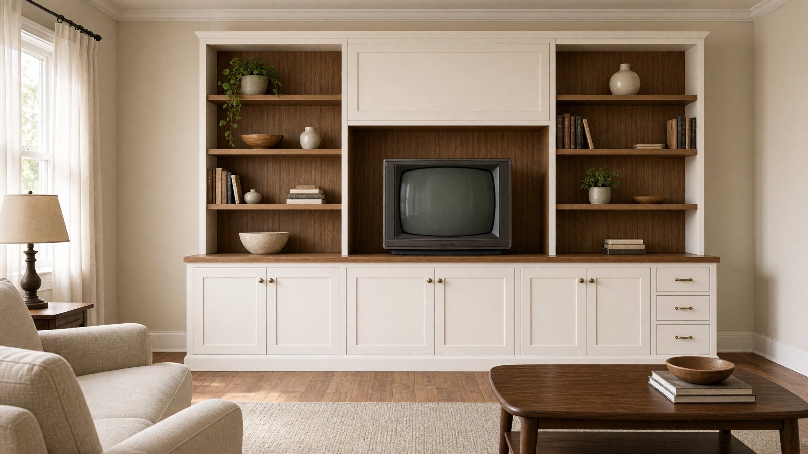 Built-in media wall with bookshelves in a mid-century living room — built-in cabinets & entertainment centers in Cerritos, CA