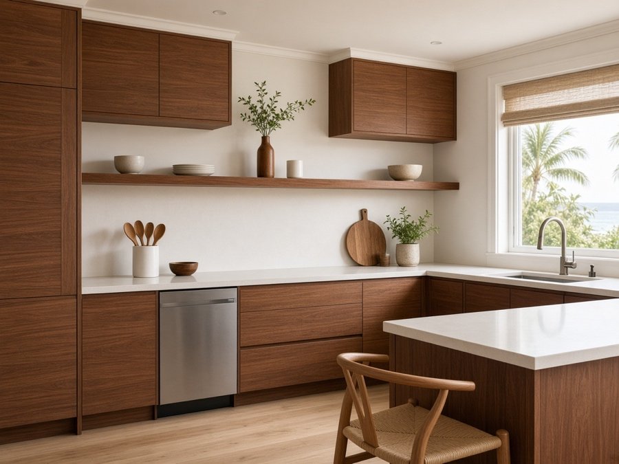 Slab walnut cabinets in a mid-century condo — cabinet maker + custom millwork in Cerritos, CA
