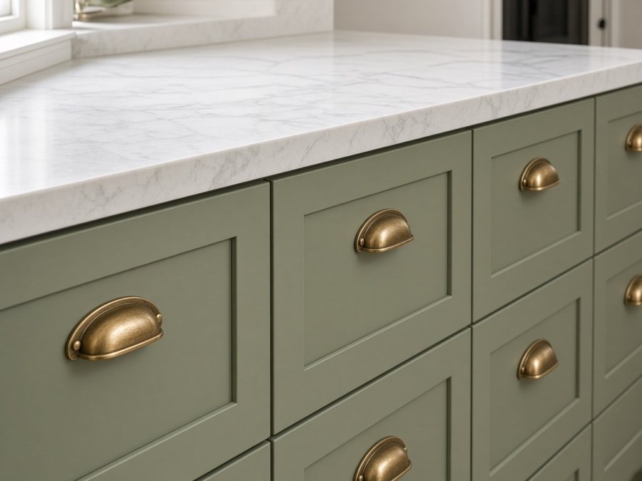 New sage green drawer fronts and brass pulls — custom cabinets in Cerritos, CA