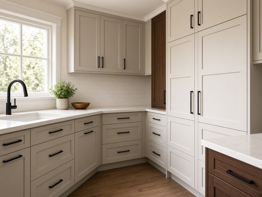 Refaced kitchen with greige shaker fronts — cabinet refacing in Cerritos, CA