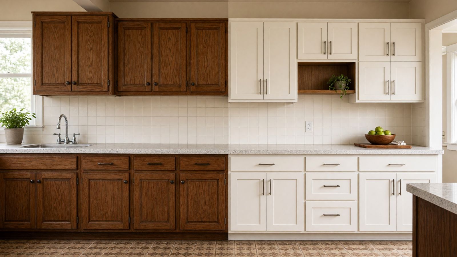 Kitchen cabinets before and after refacing on the same boxes — cabinet refacing in Cerritos, CA