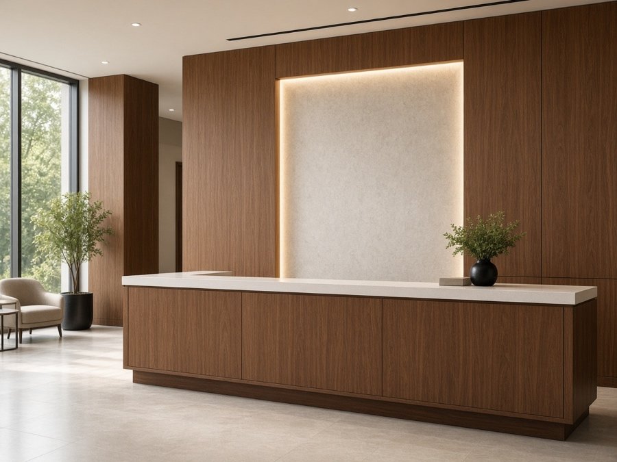 Hotel lobby reception millwork — custom cabinets in Cerritos, CA