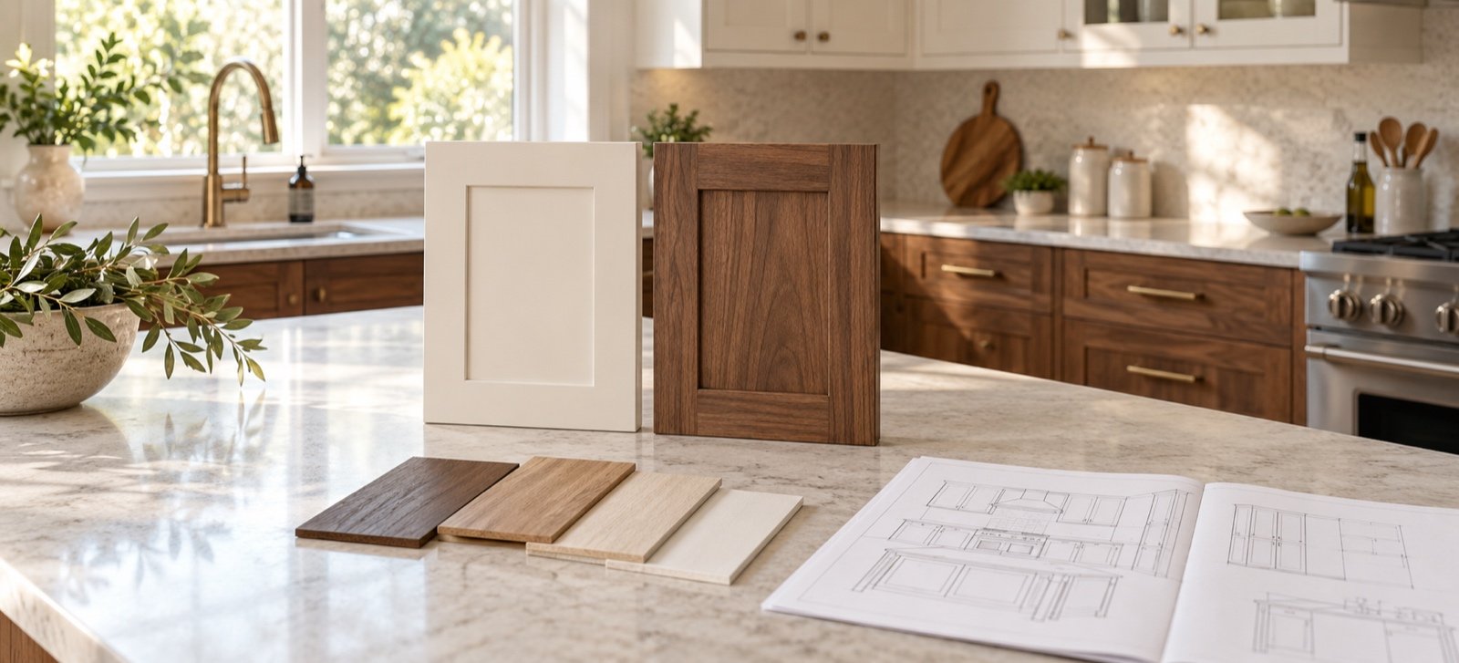 Cabinet door samples, wood finishes, and design drawings on a kitchen island — custom cabinets in Cerritos, CA