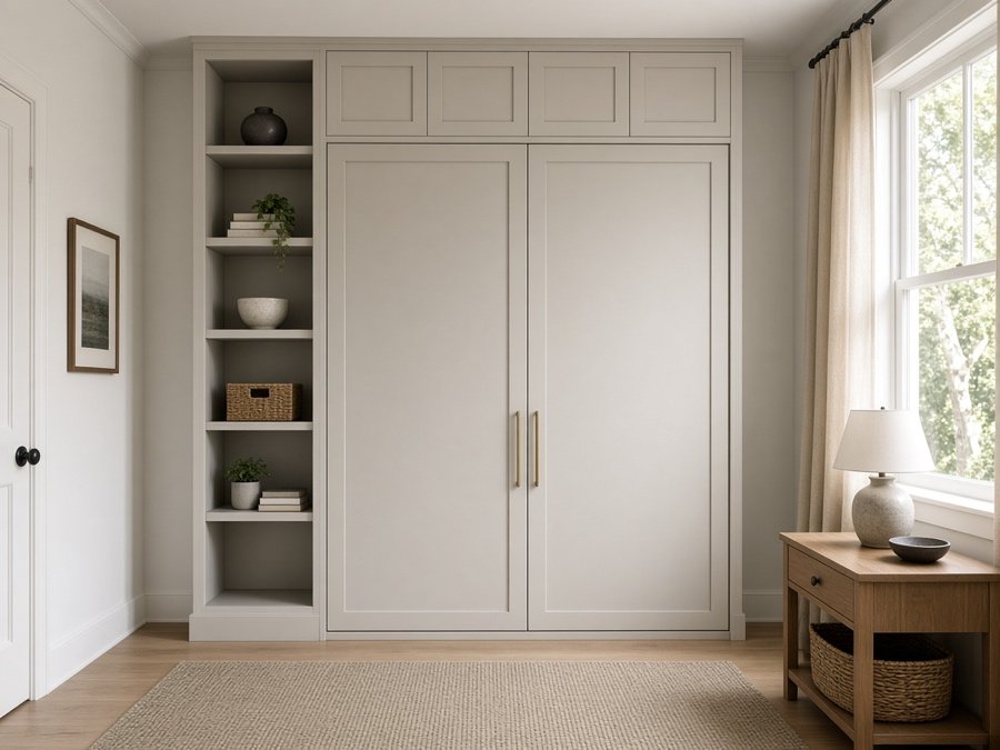 Murphy bed cabinet closed into the wall — custom cabinets in Cerritos, CA