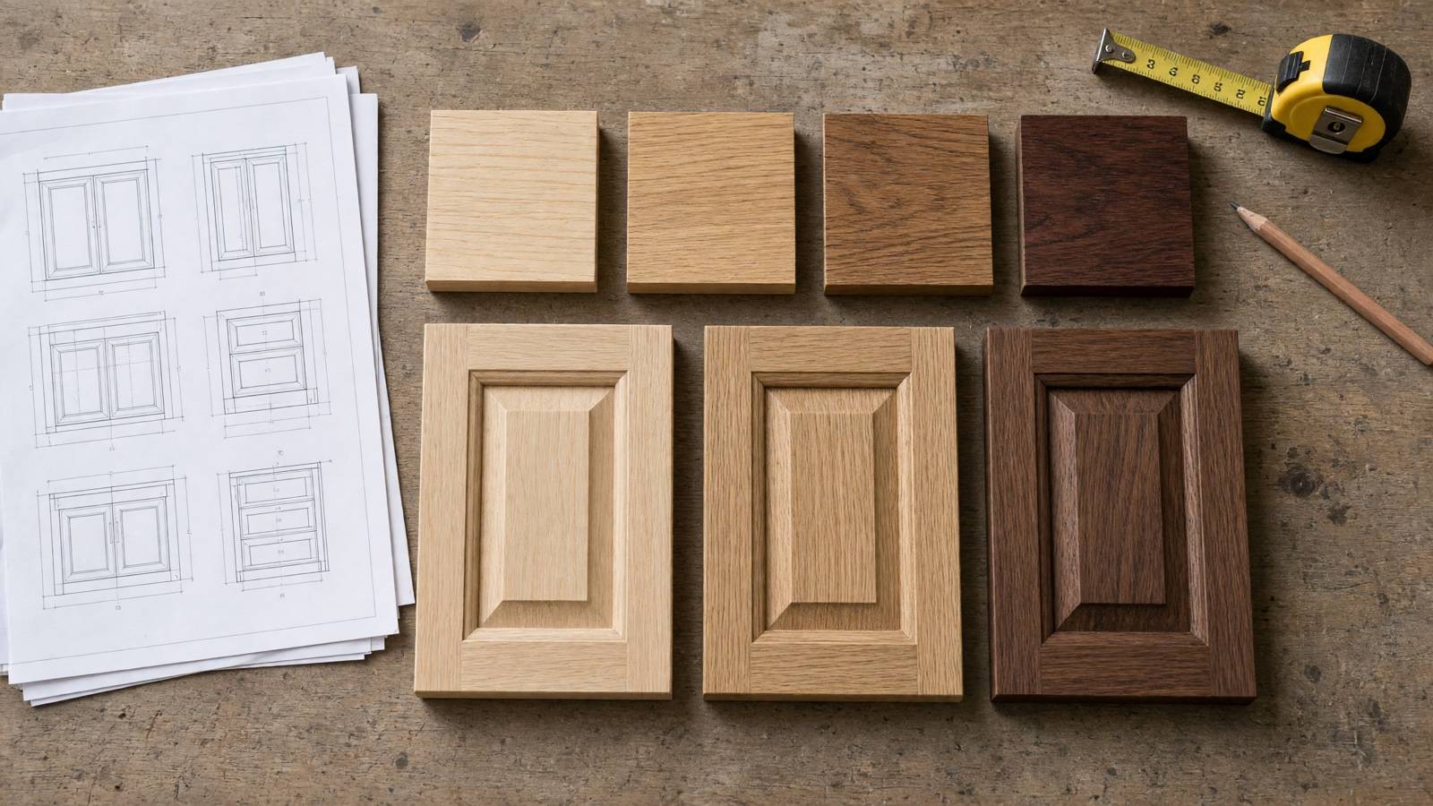 Cabinet drawings, wood samples and door styles — custom cabinets in Cerritos, CA