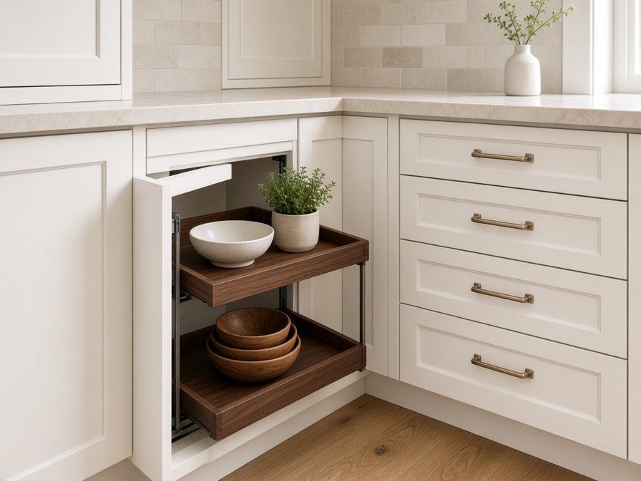 Corner pull-out and deep drawer stack in a compact kitchen — custom kitchen cabinets in Cerritos, CA