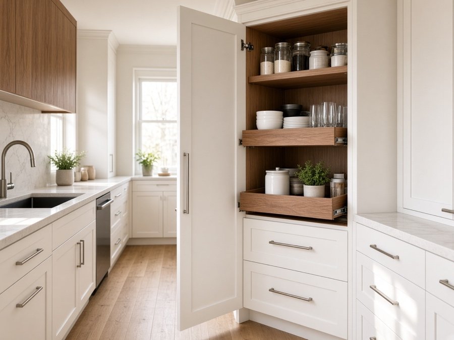 Full-height pantry with roll-out shelves — custom kitchen cabinets in Cerritos, CA