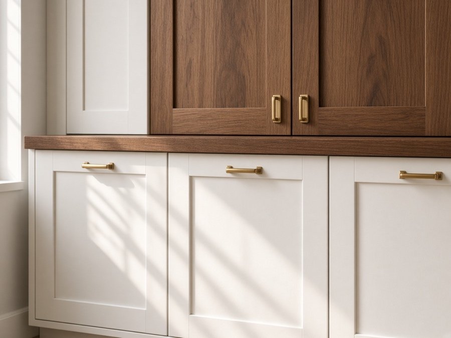 Two-tone walnut and white cabinet door detail — custom kitchen cabinets in Cerritos, CA