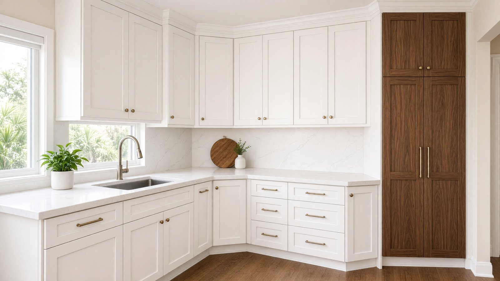 Custom white shaker kitchen fitted wall to wall in a compact older home — custom kitchen cabinets in Cerritos, CA