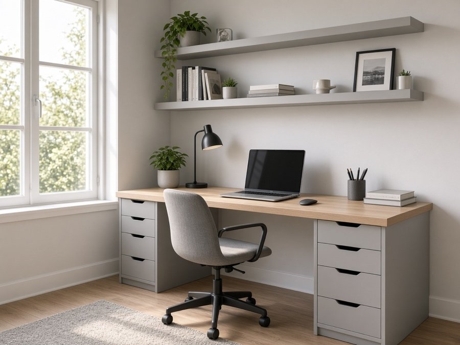 Two-person built-in corner desk — custom cabinets in Cerritos, CA