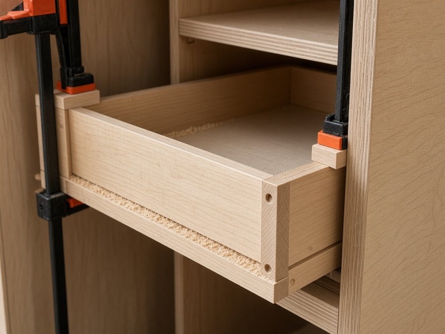 Plywood drawer box being fitted in the shop — custom cabinets in Cerritos, CA
