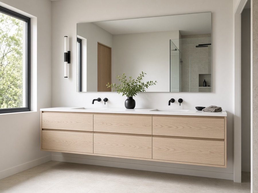 Floating white oak double vanity — custom cabinets in Cerritos, CA