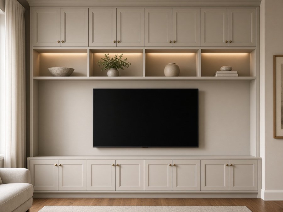 Built-in media wall with lighted shelving — custom cabinets in Cerritos, CA