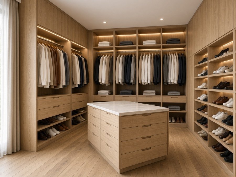 Walk-in closet with custom cabinetry — custom cabinets in Cerritos, CA