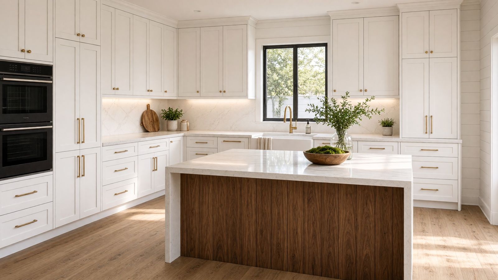 Custom white shaker kitchen with walnut waterfall island — custom cabinets in Cerritos, CA