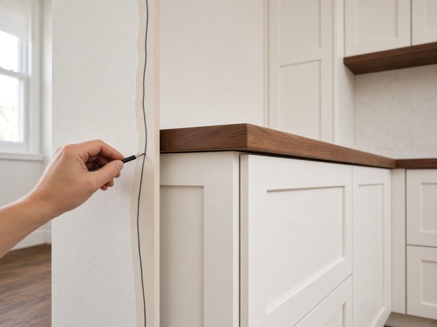 Filler strip scribed to an uneven wall — kitchen cabinet installation in Cerritos, CA