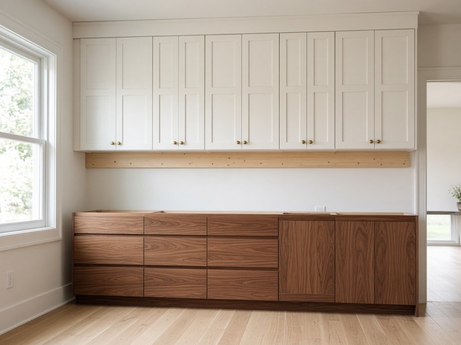 Upper cabinets hung first on a ledger — kitchen cabinet installation in Cerritos, CA