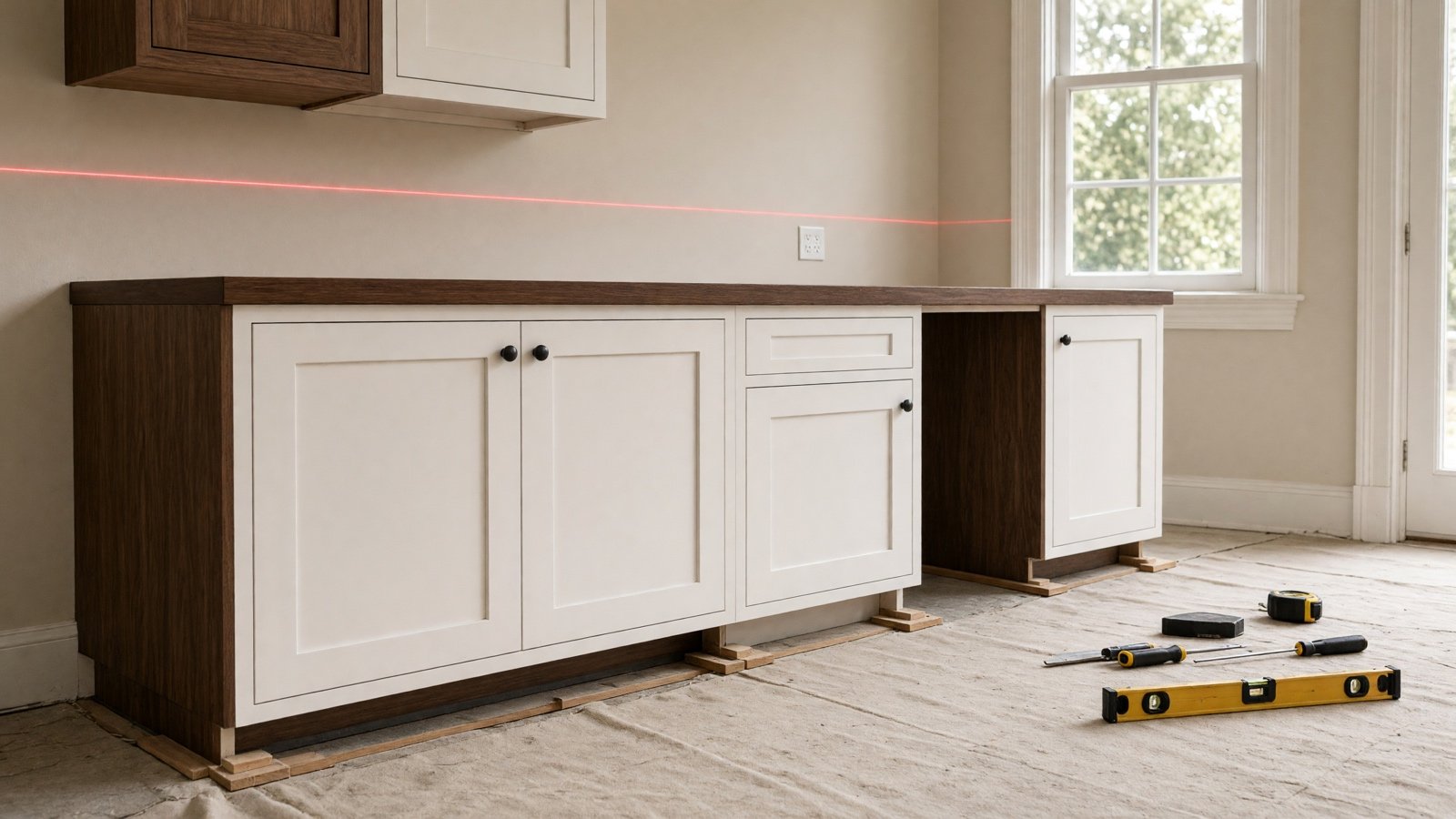 Base cabinets being leveled during installation in an occupied home — kitchen cabinet installation in Cerritos, CA