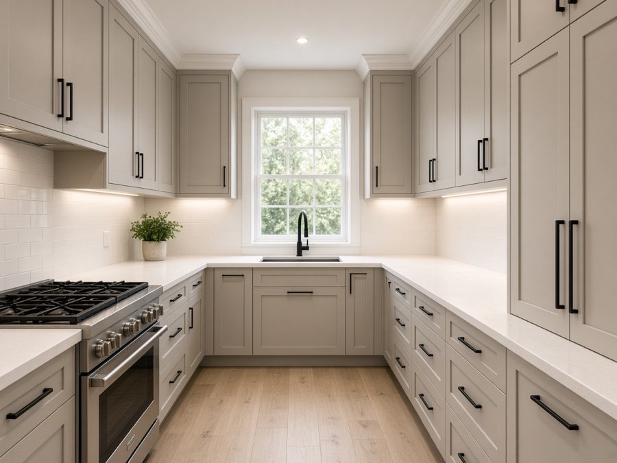 Finished greige shaker galley kitchen — custom cabinets in Cerritos, CA