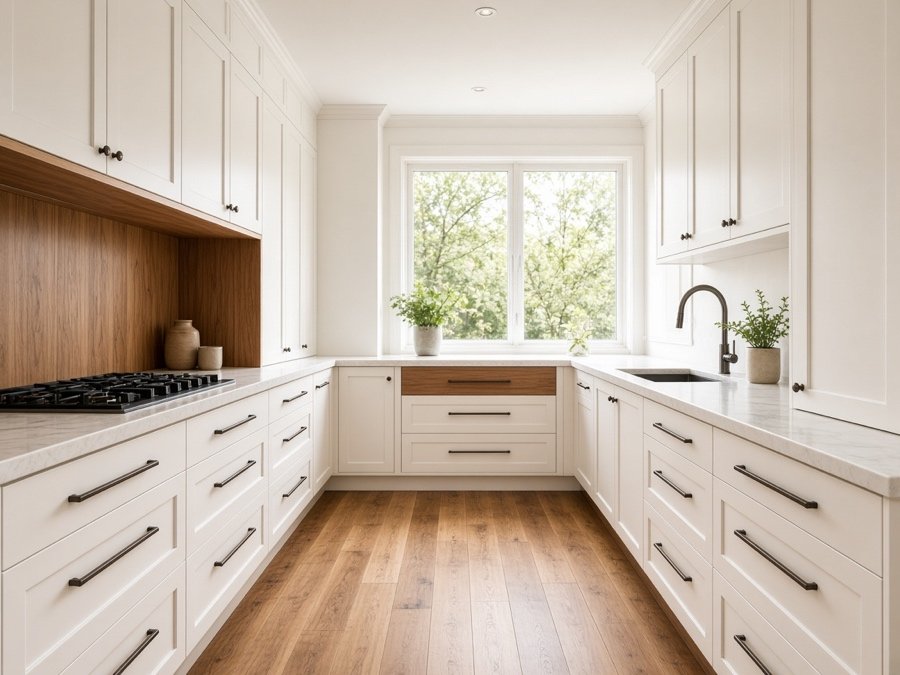 Galley kitchen with custom cabinets on both walls — kitchen cabinets in Cerritos, CA
