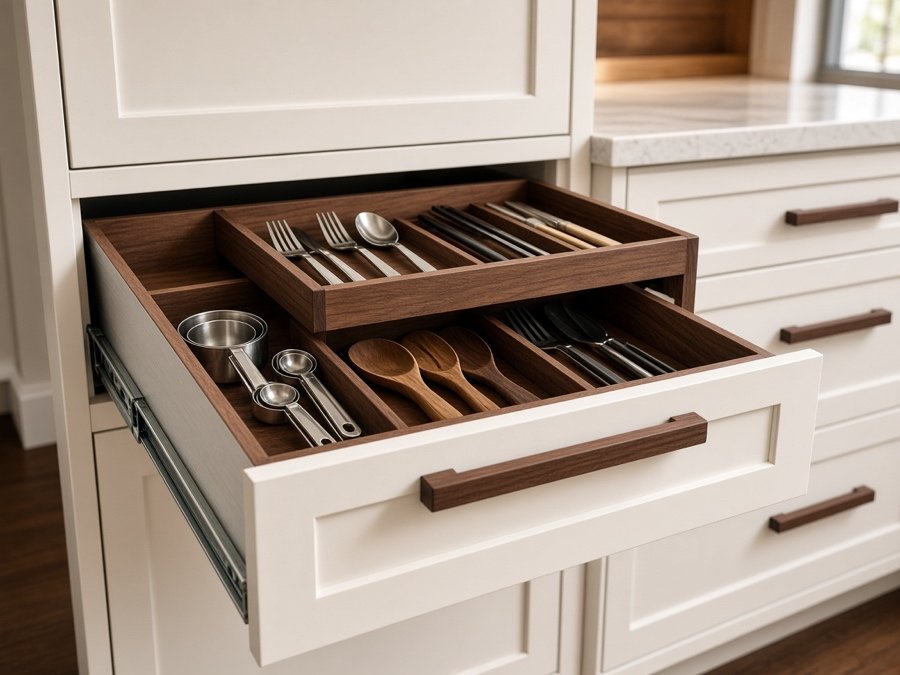 Drawer organizer with a second-tier tray — kitchen cabinets in Cerritos, CA