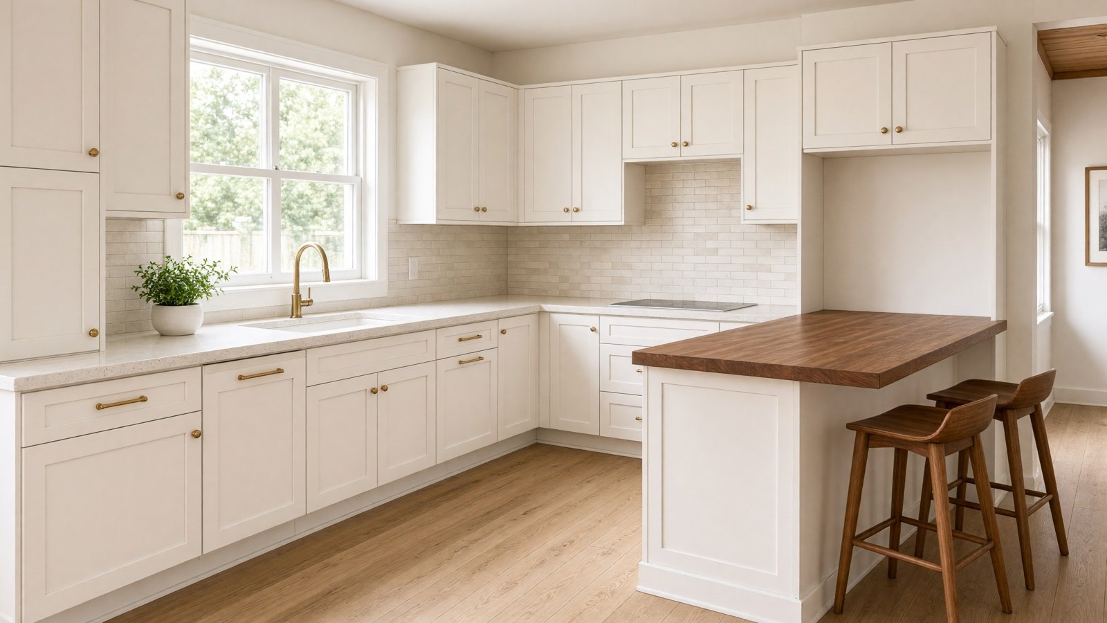 L-shaped kitchen with custom shaker cabinets and a peninsula — kitchen cabinets in Cerritos, CA